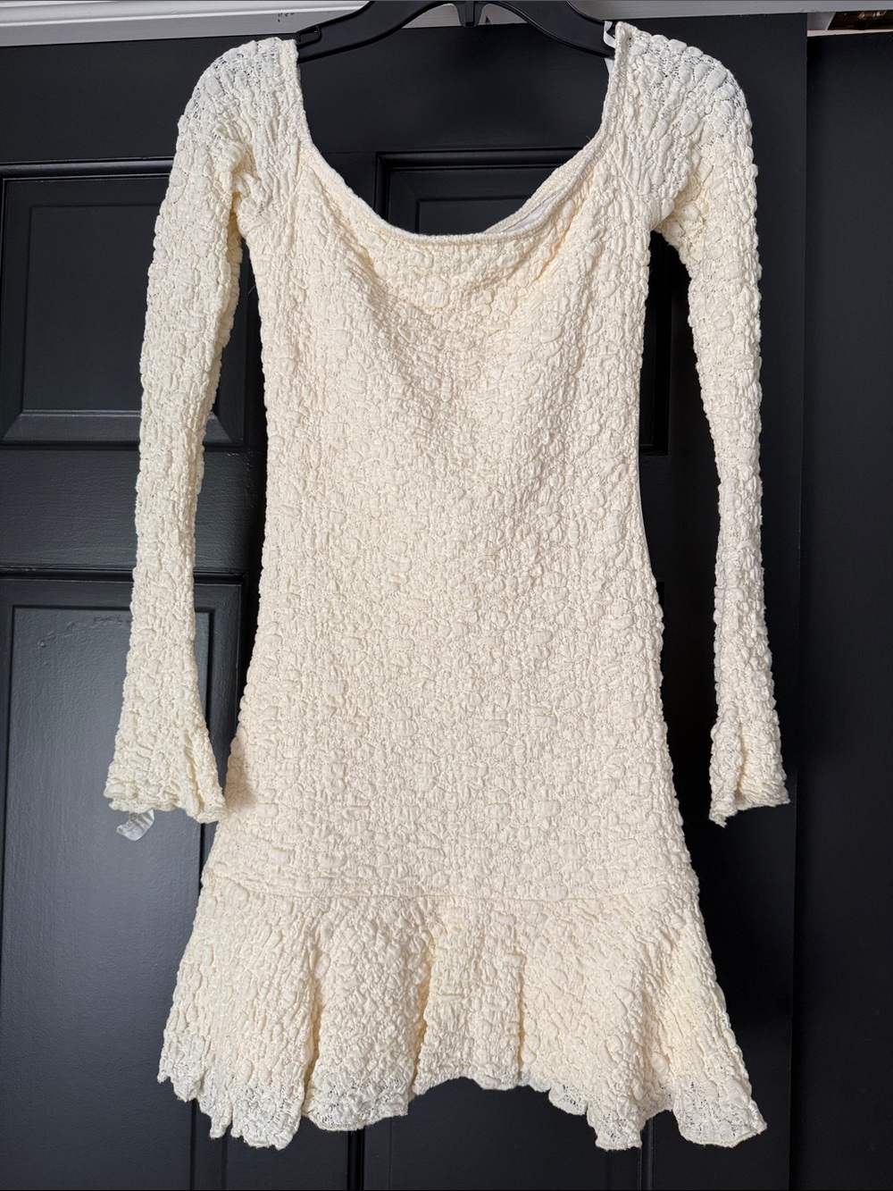 Princess Polly Cream Textured Long Sleeve Ruffle-Hem Dress